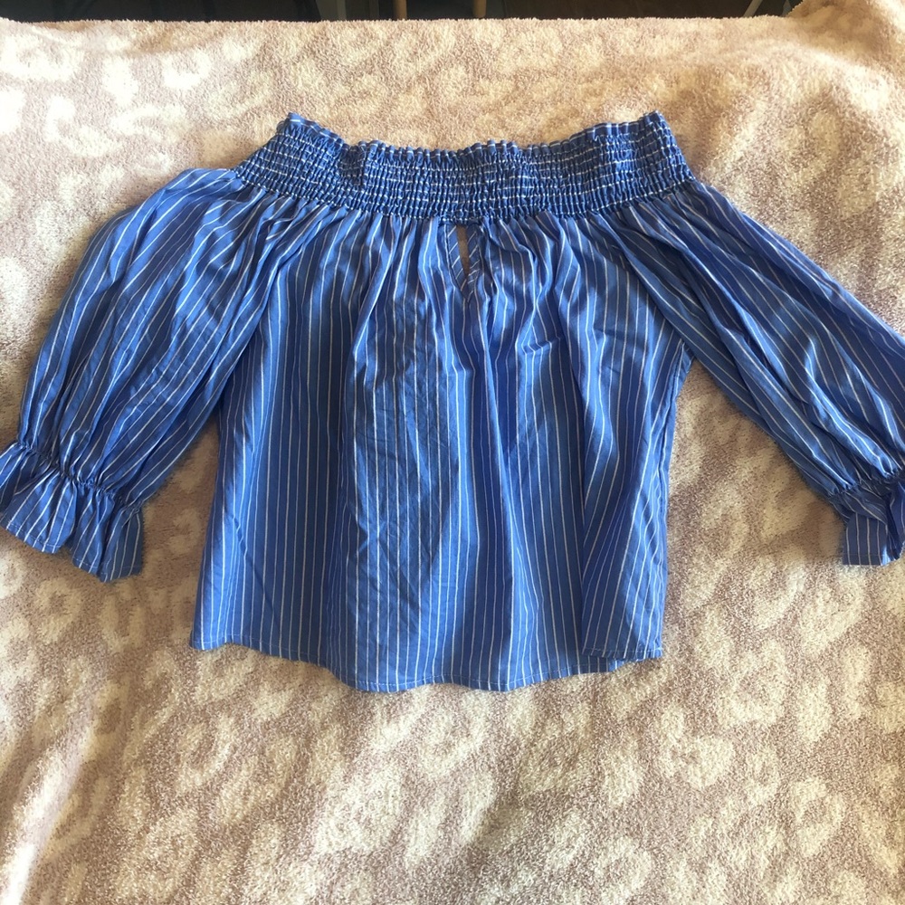 blue and white stripe off shoulder blouse